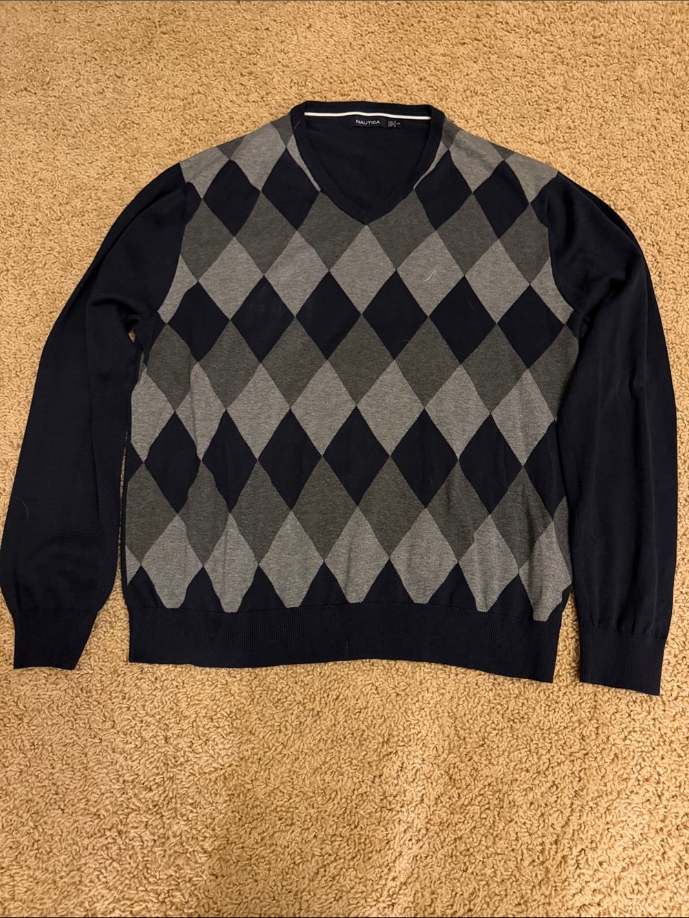 Nautica Men’s V-Neck Argyle Sweater - Navy and Gray XXL